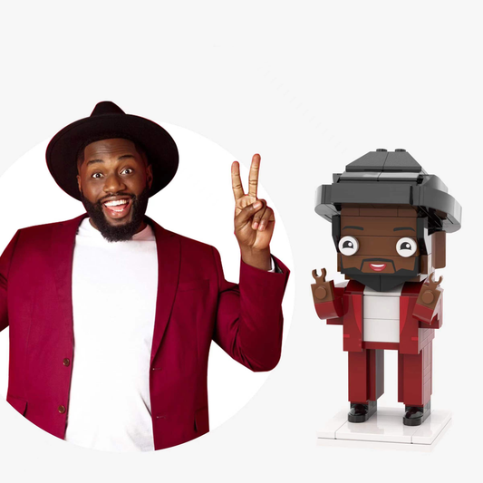 Personalised full‑body brick figure with hat — front view of custom small particle block toy (one person), bespoke clothing and hairstyle, eco‑friendly ABS