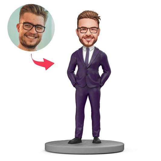 Personalised male boss bobblehead (hands in pockets) — handcrafted polymer clay figure with engraved base and custom head likeness, ideal gift for him