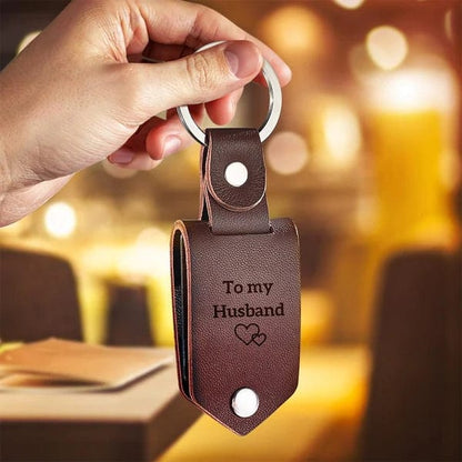 Personalised leather photo keyring in use attached to keys, showing sturdy metal ring and everyday durability – perfect engraved gift for him or her