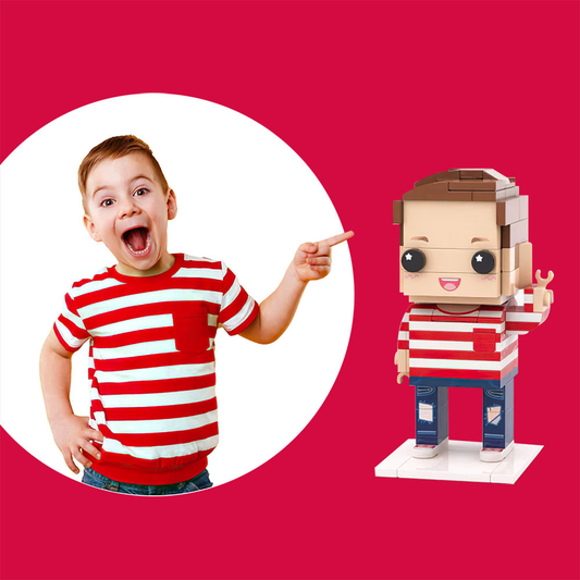 Full-body personalised brick figure of one person on a white background — a custom mini figure made from a photo, ideal bespoke minifigure gift
