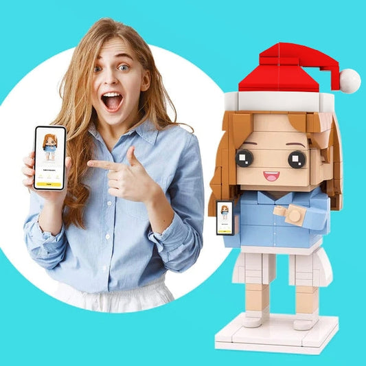 Personalised one-person brick figure with Christmas hat — handcrafted customised mini figure from photo (ABS eco-friendly)