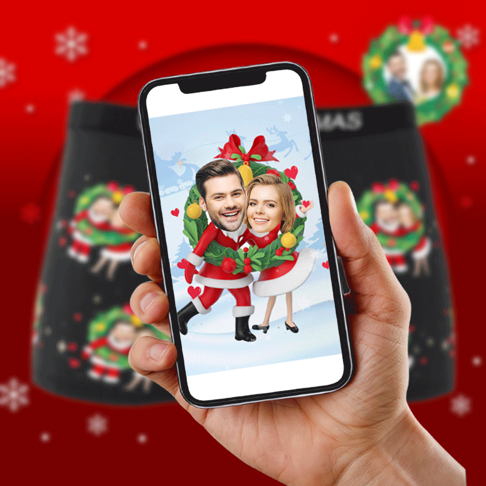 Rotating hero image of personalised photo boxers and panties with double Santa design — custom Christmas couple gift with AR preview