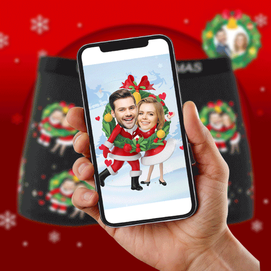 Rotating hero image of personalised photo boxers and panties with double Santa design — custom Christmas couple gift with AR preview