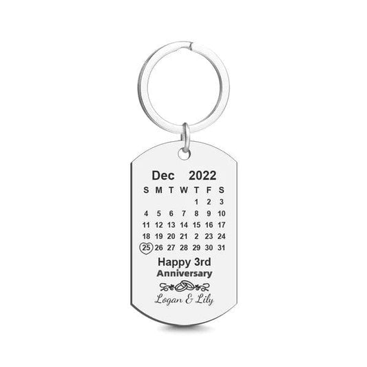 Personalised calendar engraved tag keyring, brushed metal finish with highlighted date — engraved date keyring and anniversary gift for couples