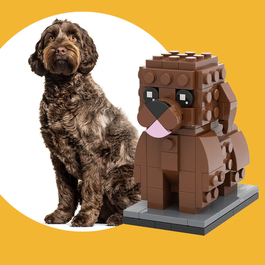 Custom Giant Poodle brick figure — full-body personalised pet model built from small-particle, eco-friendly ABS bricks, front-facing pose recreated from your photo
