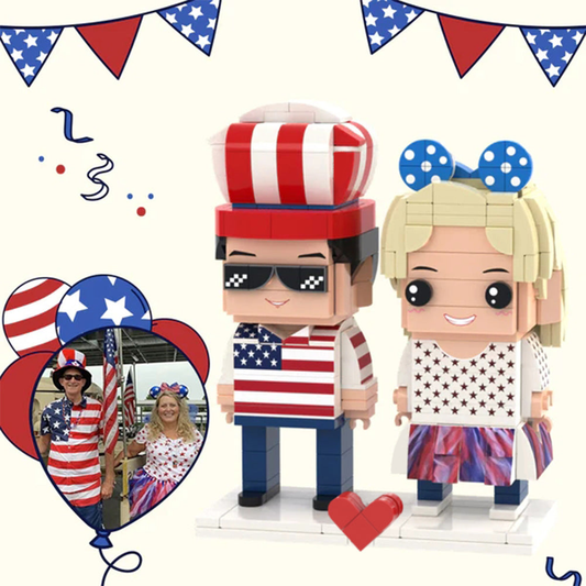 Personalised 2‑Person Brick Figures – front view of two head-only custom block toys with personalised faces and hairstyles, eco-friendly ABS small-particle bricks, ideal wedding or anniversary gift