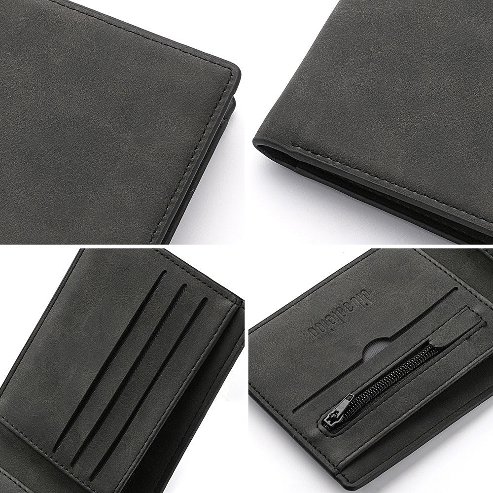 Closed personalised men's PU leather wallet with custom text engraving and printed image, compact pocket-friendly personalised gift for dad