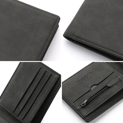 Closed personalised men's PU leather wallet with custom text engraving and printed image, compact pocket-friendly personalised gift for dad