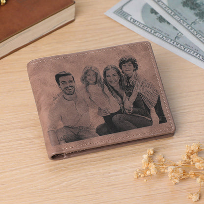 Personalised photo PU leather men's wallet with custom printed family picture and personalised text, compact W11.3 x H9cm Father's Day gift