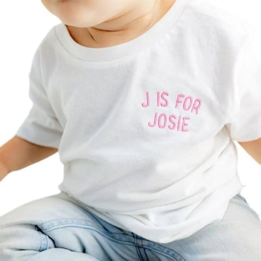 Personalised embroidered name kids T-shirt in white 100% cotton – custom birthday gift for boys and girls (UK & Australia)