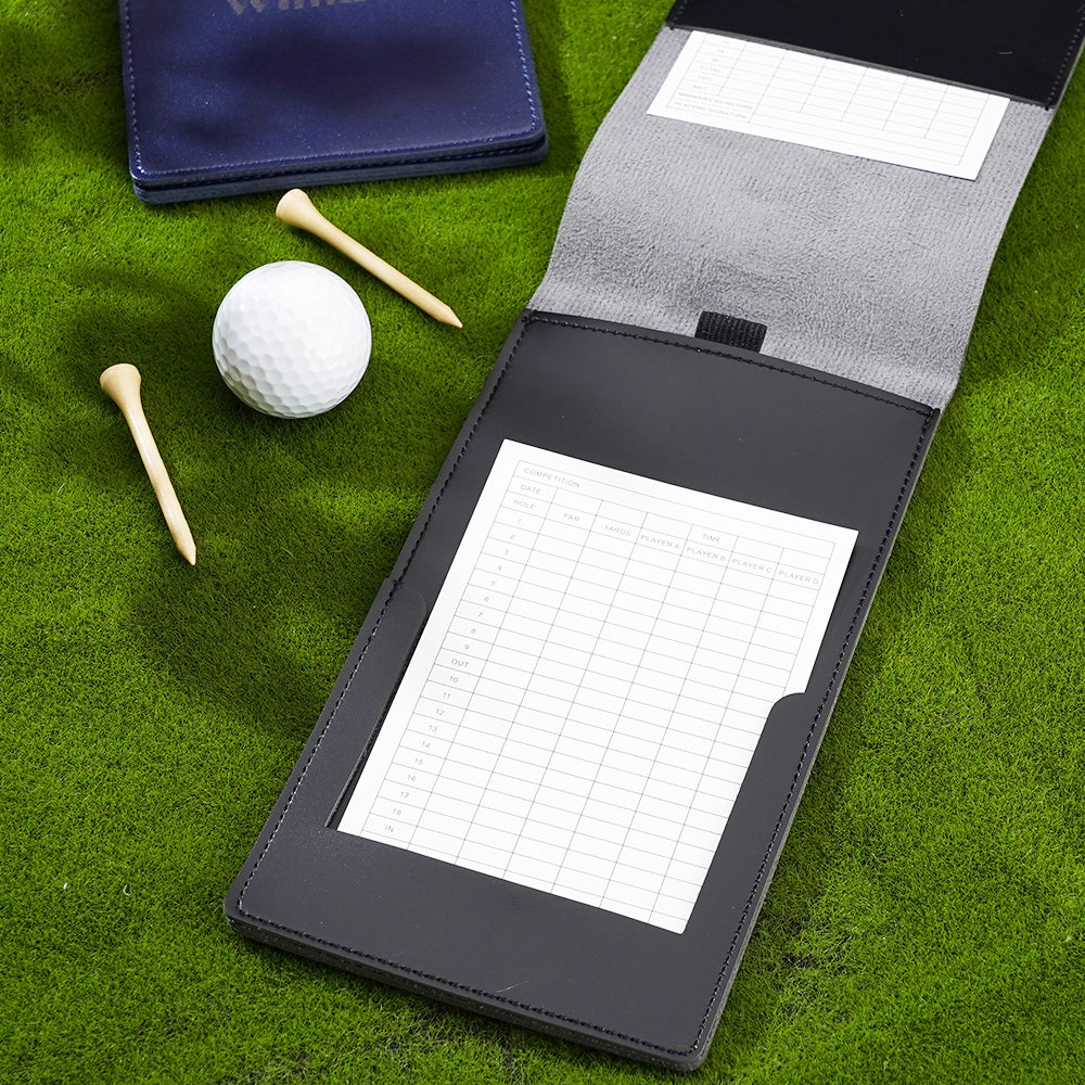 Lifestyle image of a golfer using a personalised birth flower PU leather scorecard holder on the course — ideal Father's Day or birthday present