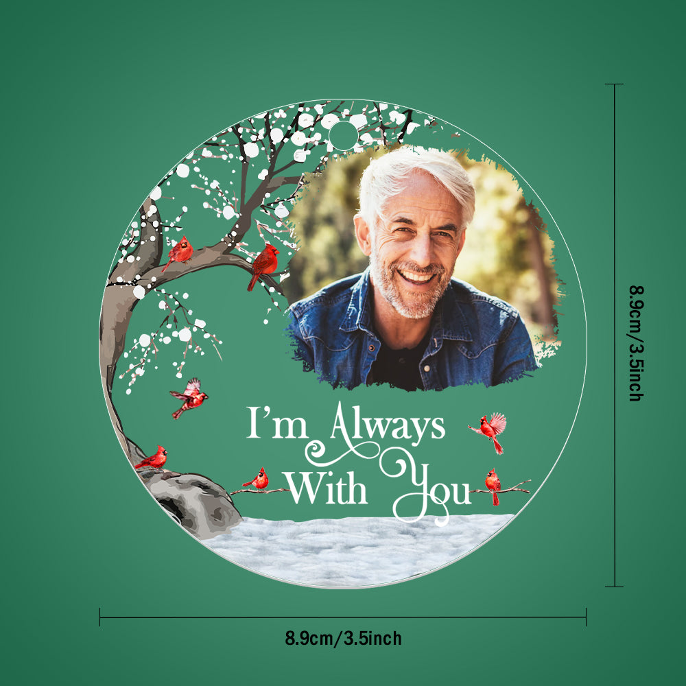 Personalised photo ornament hanging on a Christmas tree, acrylic 3.5in memorial ornament and sentimental Christmas gift