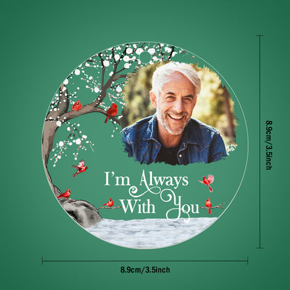 Personalised photo ornament hanging on a Christmas tree, acrylic 3.5in memorial ornament and sentimental Christmas gift