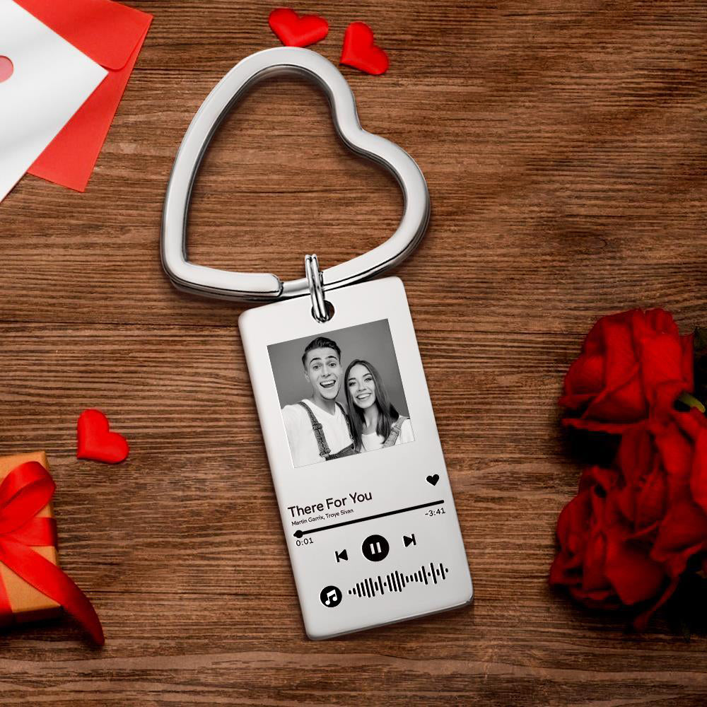 Stainless steel personalised photo scannable music keyring showing engraved scannable code and sample photo — custom song keychain gift for a favourite track