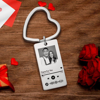 Stainless steel personalised photo scannable music keyring showing engraved scannable code and sample photo — custom song keychain gift for a favourite track
