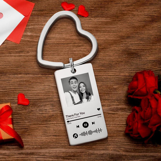 Stainless steel personalised photo scannable music keyring showing engraved scannable code and sample photo — custom song keychain gift for a favourite track