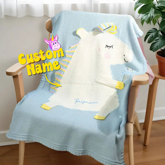 Personalised embroidered unicorn baby blanket in soft Orlon knit with name