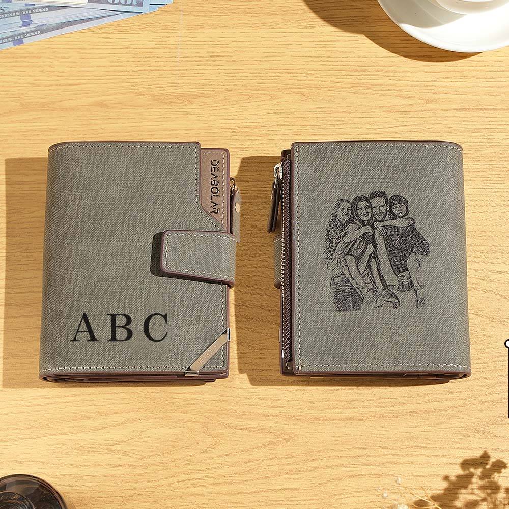 Personalised men's foldable PU leather wallet with custom photo and text — ideal Father's Day gift