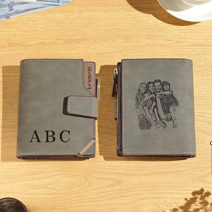 Personalised men's foldable PU leather wallet with custom photo and text — ideal Father's Day gift