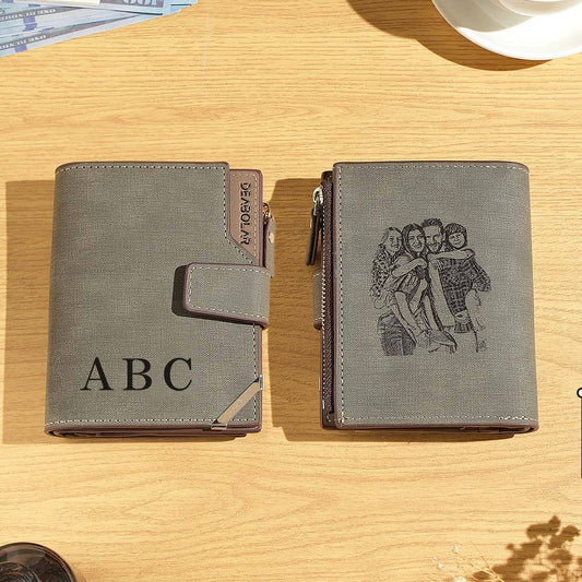 Personalised men's foldable PU leather wallet with custom photo and text — ideal Father's Day gift