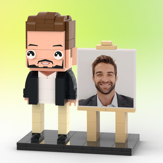 Personalised full-body brick figure in display frame — customisable single-person small particle block toy made from your photo, perfect birthday gift for him