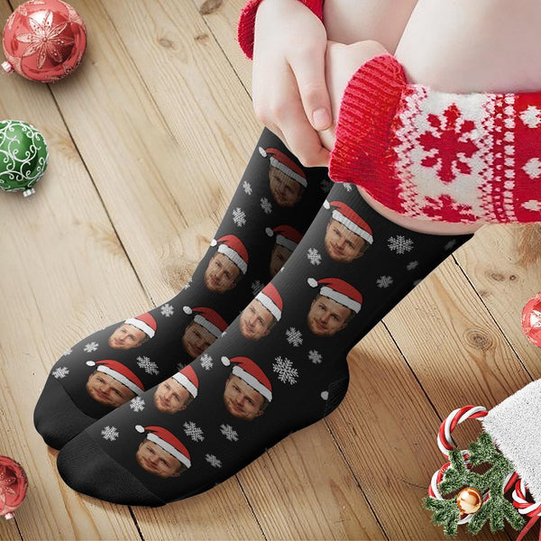 Custom Photo Socks close-up – durable heat‑transfer print of a personalised face with Santa hat on soft breathable fabric, perfect novelty stocking filler