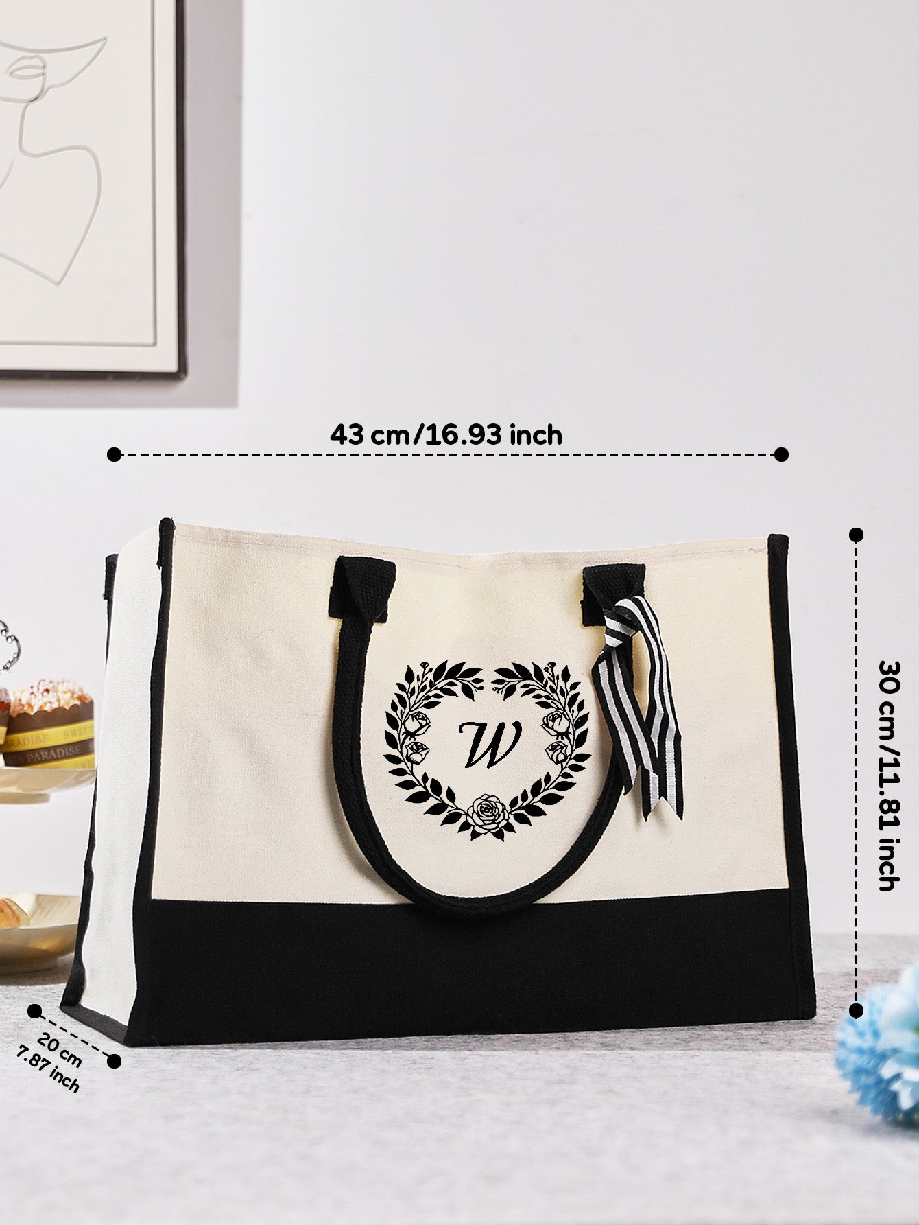 Customisation examples showing full name initials and short word options on personalised canvas tote ideal for wedding gifts