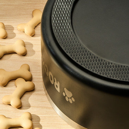 Underside view showing non-slip rubber base of personalised stainless steel dog bowl to prevent sliding and spills