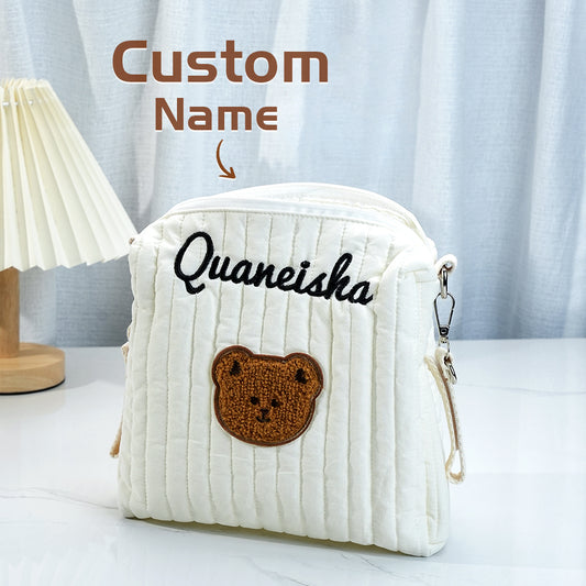 Personalised Stroller Hanging Bag with embroidered name on premium cotton; a pushchair organiser attached to a pushchair, neutral design for nappies, wipes and essentials.