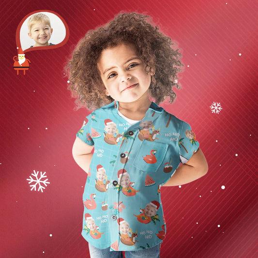 Personalised kids Christmas Hawaiian shirt with custom face all-over print — colourful pool party gift for sons and daughters