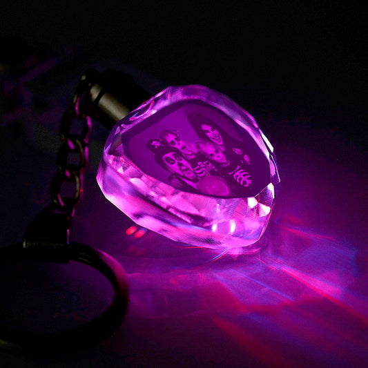 Personalised photo heart crystal LED keyring with laser-etched image and colourful gradient glow — custom engraved keepsake
