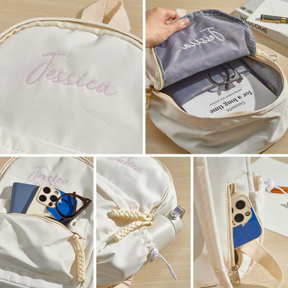 Close-up of personalised embroidery showing child’s name on nylon kids backpack with durable stitched letters