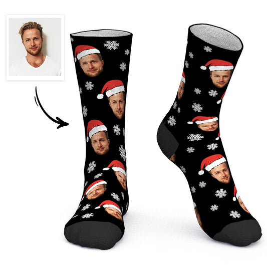 Personalised Face Santa Hat Socks – pair of custom photo socks featuring an uploaded face wearing a Santa hat, ideal personalised Christmas gift