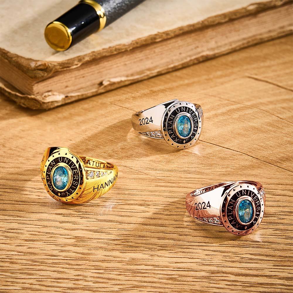 Side profile of personalised copper Class of 2024 graduation ring highlighting polished finish and secure birthstone bezel — everyday wearable jewellery