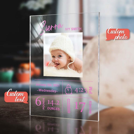 Personalised baby plaque with custom photo and engraved birth details - reverse-printed crystal keepsake for nursery
