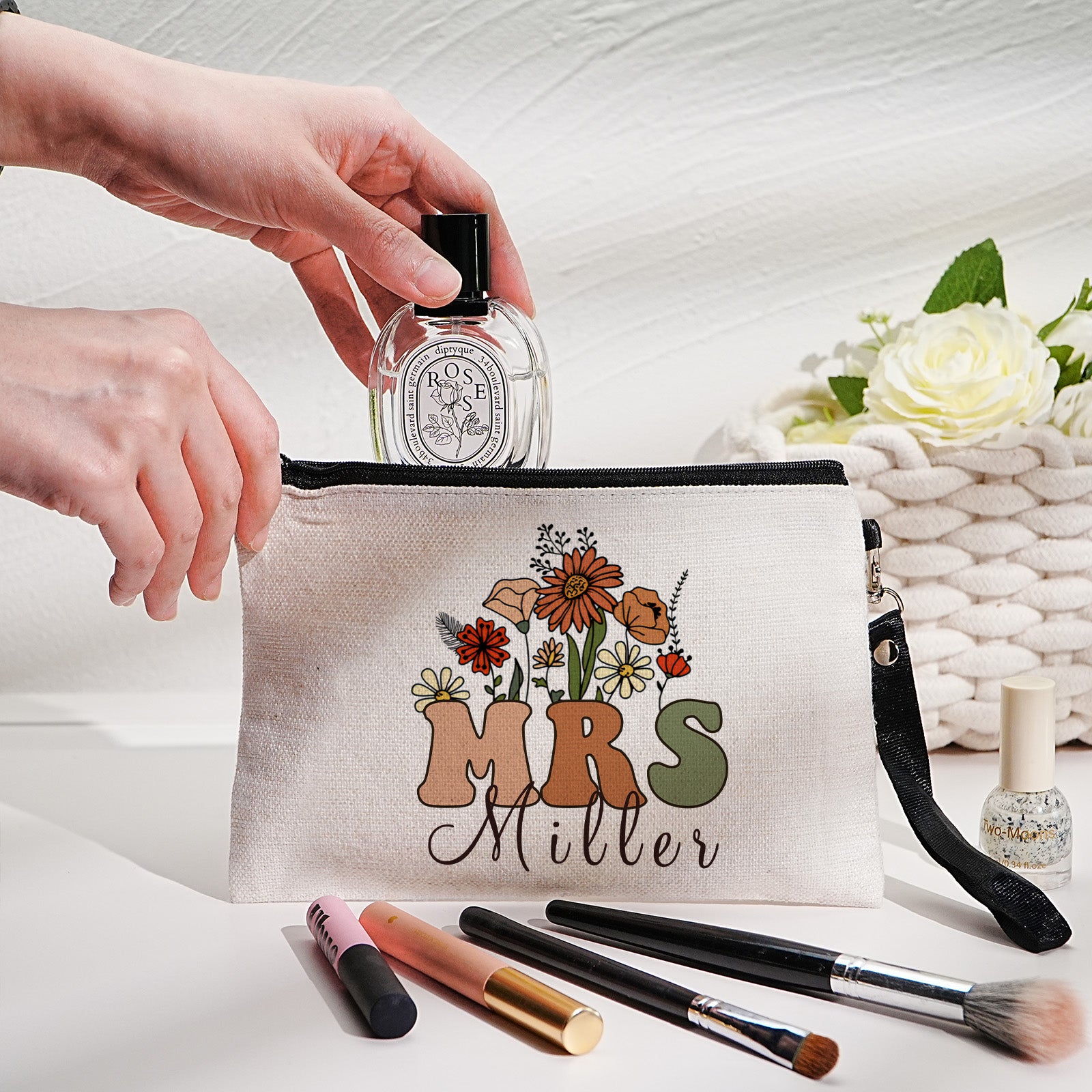 Personalised floral canvas pouch with clear name customisation, presented as teacher appreciation present