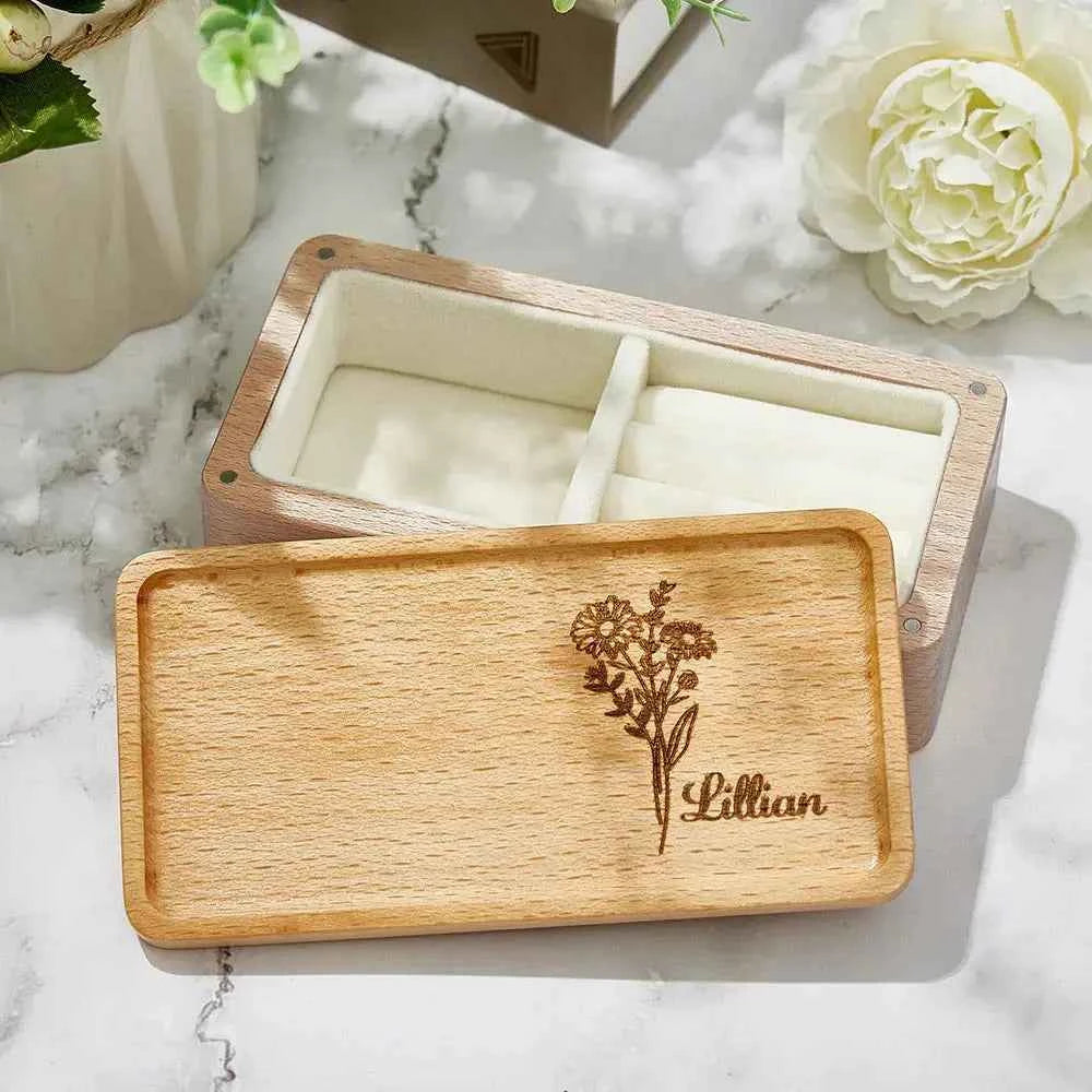 Personalised Birth Flower Jewellery Box Custom Name Jewellery Organizer Gift for Her