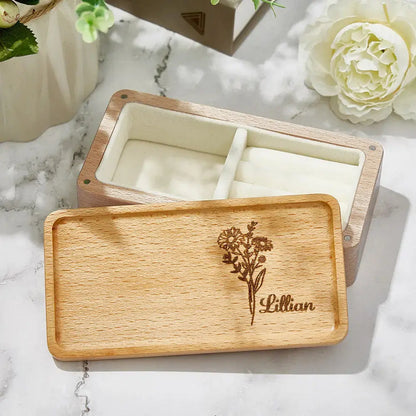 Personalised birth flower jewellery box in natural wood with custom name engraving — compact personalised jewellery organiser and keepsake gift for her