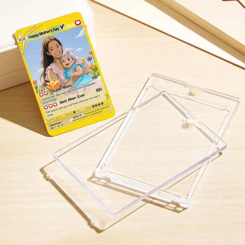 Personalised poke card displayed on a wooden stand (stand not included) showcasing anime-inspired portrait for Mum — stylish personalised gift idea