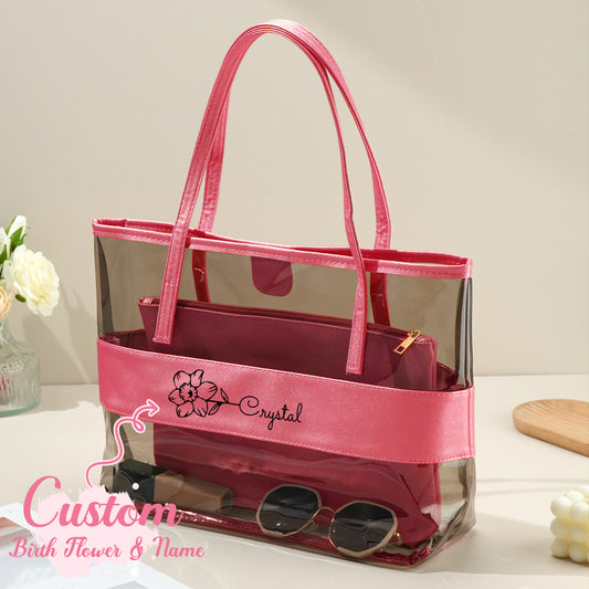 Personalised clear tote bag with name and birth flower motif, PVC outer and removable PU inner pouch — perfect bridesmaid or birthday gift