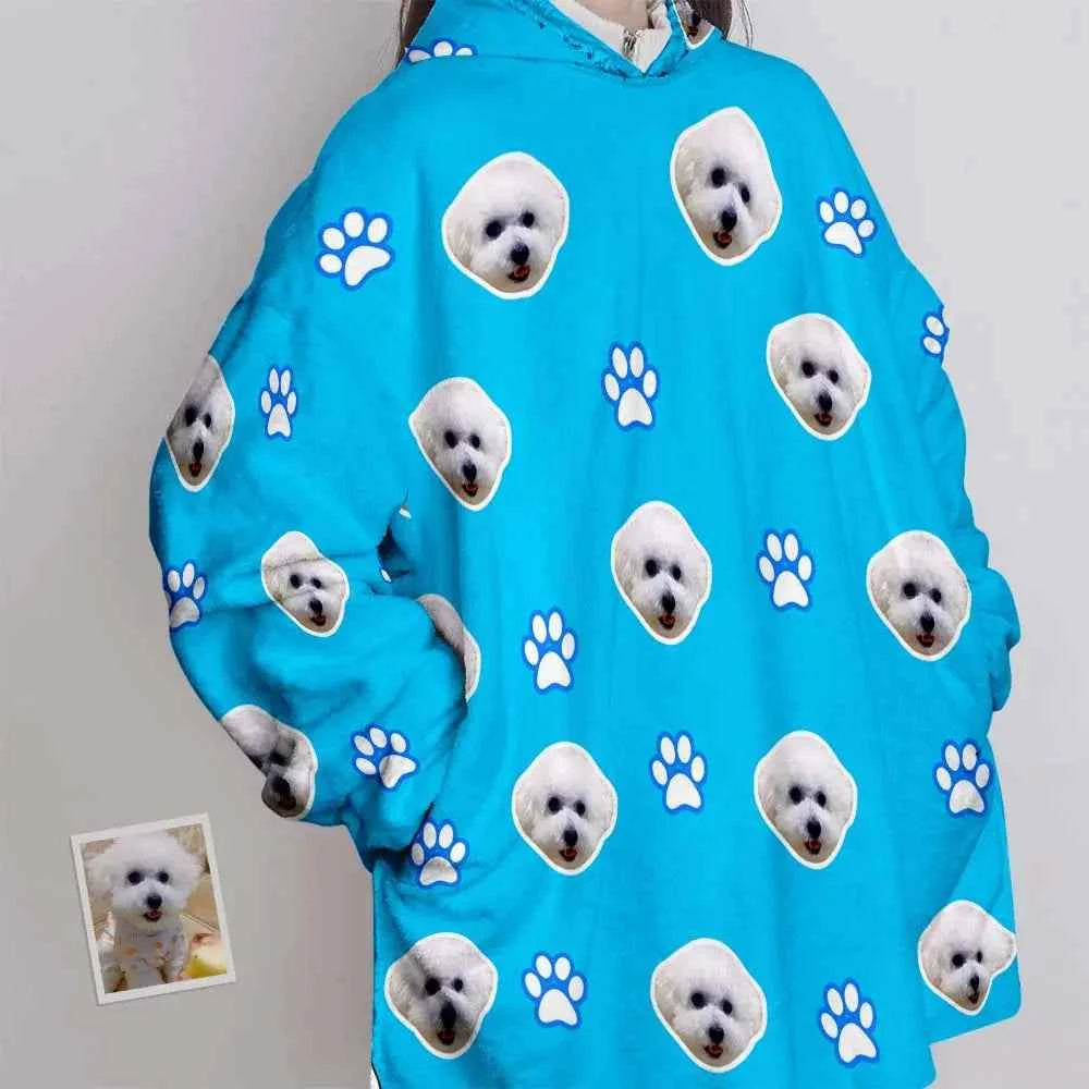 Custom Face Blanket Pajama Personalized Blanket Hoodie Gift for Women Pet Paw