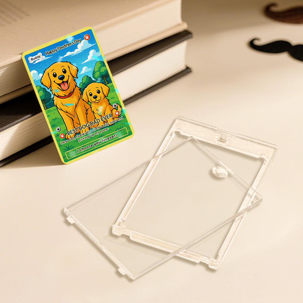 Personalised stainless steel pet card displayed beside an optional wooden stand (stand sold separately) — custom Poke-style pet keepsake
