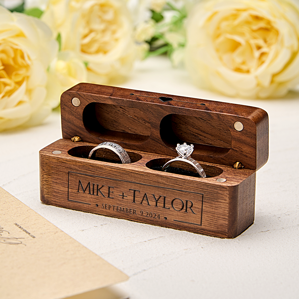 Personalised Engraved Wood Ring Bearer Box - Custom Name & Date Wedding Proposal Gift
