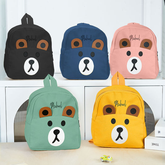 Personalised name embroidery mini bear backpack front view – custom kids school bag in lightweight nylon with embroidered name