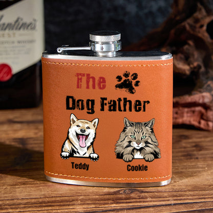 Personalised 6oz stainless steel whisky flask being poured — engraved leather exterior preserves flavour and makes a thoughtful engraved gift