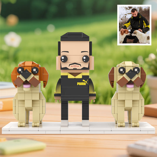 Custom Full-Body Brick Figure of one person with two dogs on white background — personalised anniversary and birthday gift, eco-friendly ABS