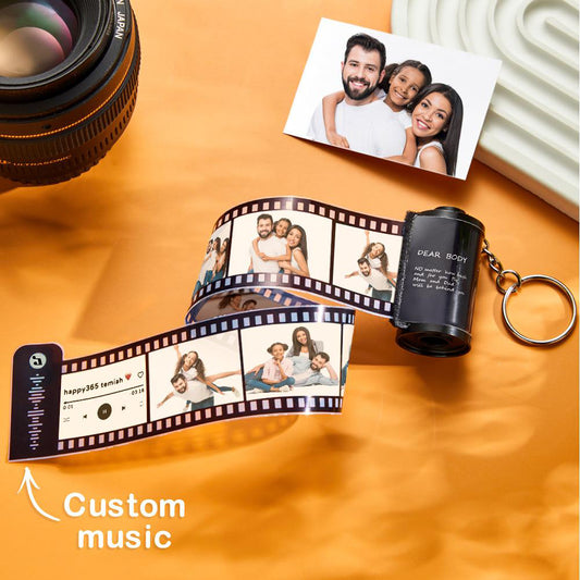 Custom Photo Film Roll Keyring with scannable music code and personalised photo insert — jewellery-style keyring gift for anniversaries