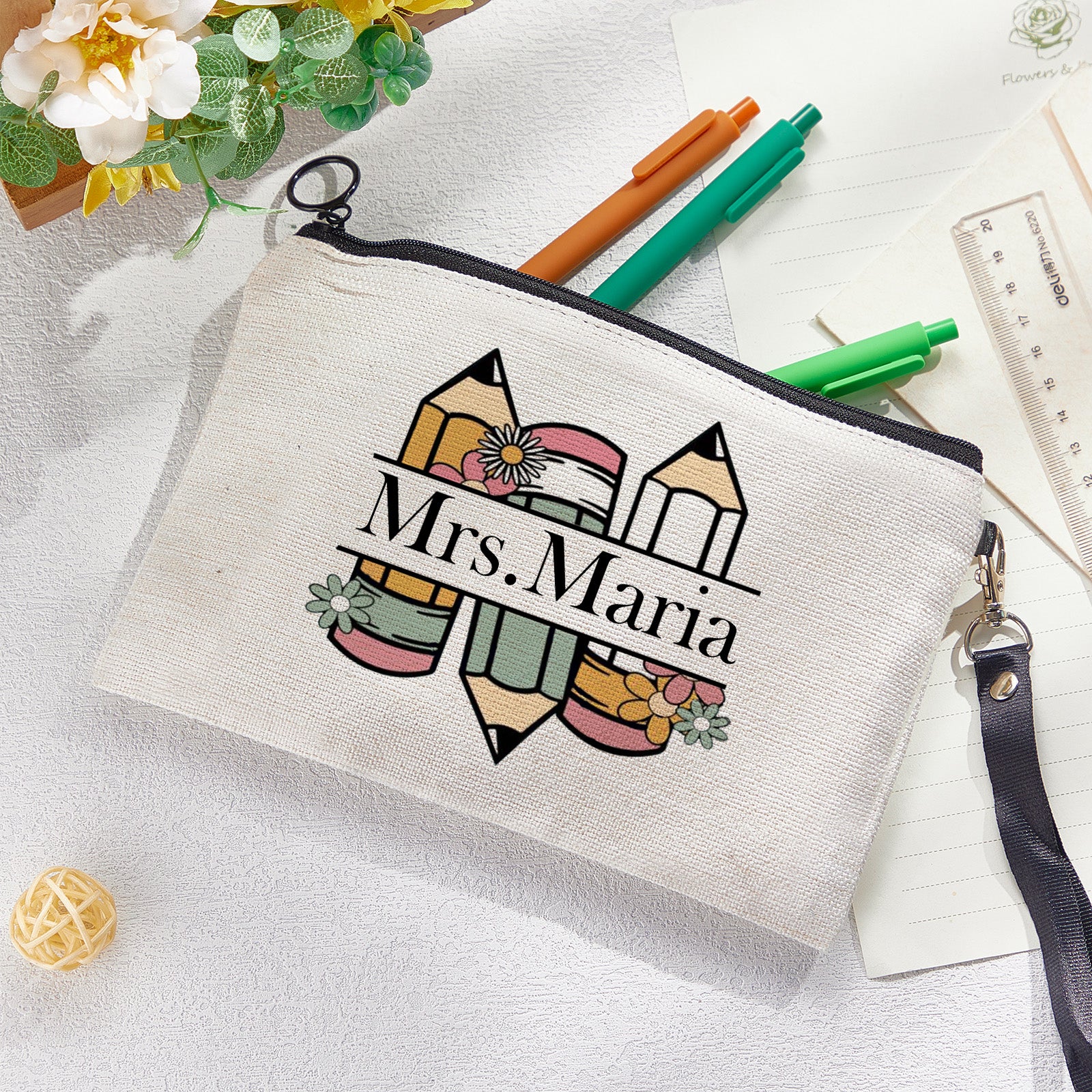 Lifestyle image of personalised canvas pouch in handbag, showing portability for busy professionals