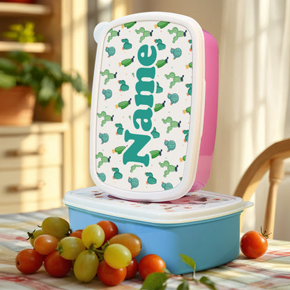 Side view of personalised kids lunch box with secure clips and slim lightweight plastic design that fits into school bags