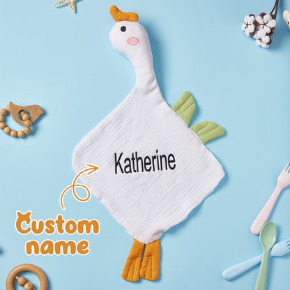 Personalised baby soothing towel flat-lay with embroidered name and soft swan motif — soft cotton personalised swan comforter for newborns